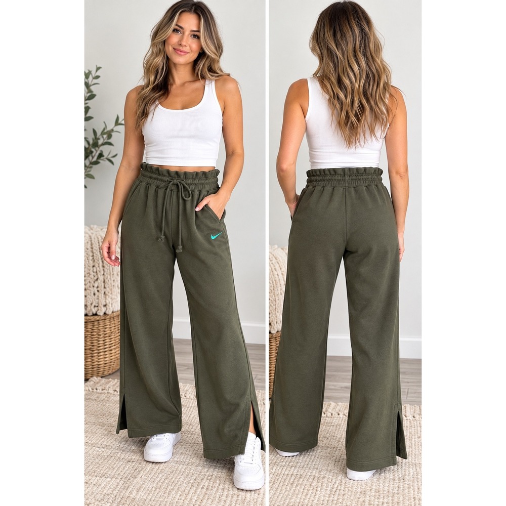 Nike Women's Small Olive Green Paperbag Waist Wide Leg Sweatpants Split Hem